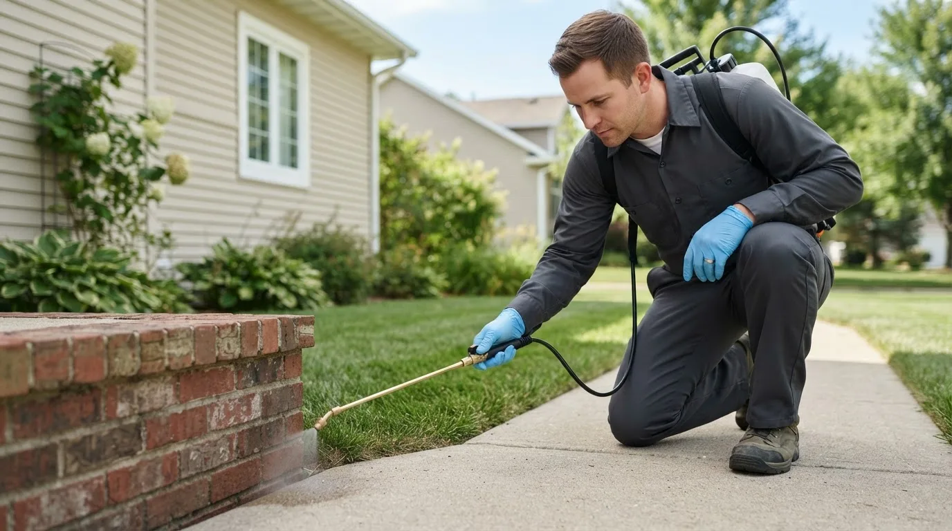 Pest control technician treating a home near Foristell, MO